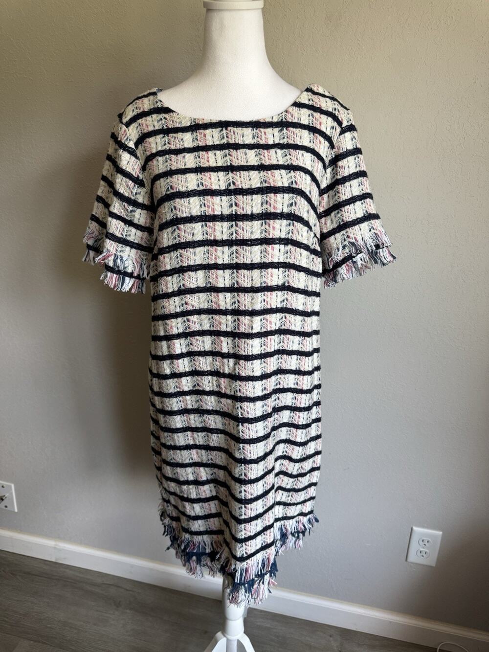 Anthropologie Holding Horses White Navy Tweed Stripe Fringe Shift Dress Womens 8
